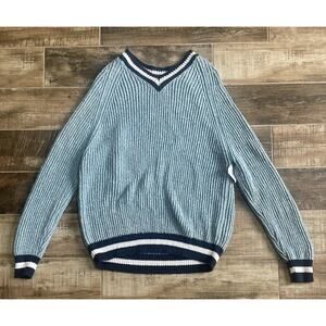 $2,695 NEW Loro Piana V-Neck Blue Heavy Cable Knit Linen & Cotton Sweater 2XL/56